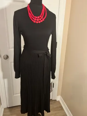 Nina Leonard Black fall pleated evening sweater dress thumbnail 9