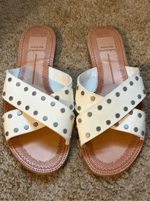 Dolce Vita Cream Crossband Slide Sandals with Silver Studs thumbnail 1