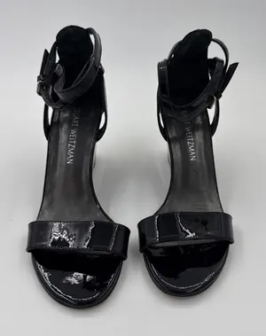 Stuart Weitzman Nearly Nude Ankle Strap Sandals Patent Black Size 8M thumbnail 1