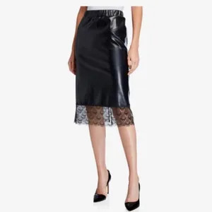 Michael Kors Lace Trim Faux Leather Slip Skirt‎ Black Midi Pencil Elastic XS thumbnail 2