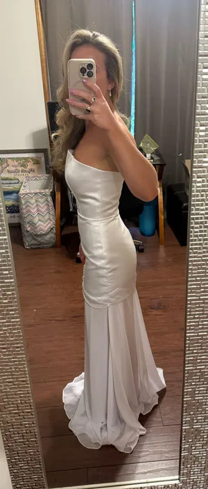 Bridal White Satin Strapless Dress with Shear Chiffon Underlay and Scarf with Pearl Beading thumbnail 7