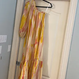 Anthropologie Little Lies Costa Rica One Shoulder Linen Pink Yellow Dress thumbnail 7