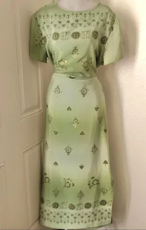 VTG vintage long maxi green stunning a-line tie back dress short sleeve beading details thumbnail 1