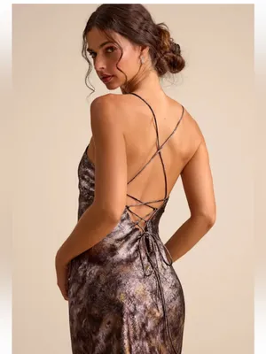 Sheeva Shiny Brown Multi Abstract Satin Lace-Up Maxi Dress thumbnail 5