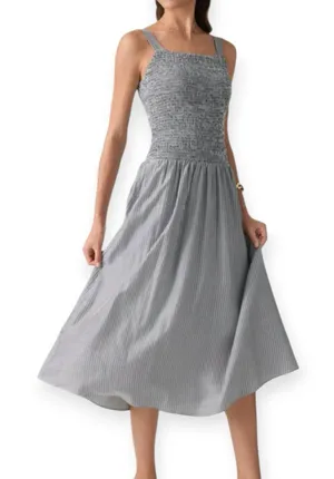 NWT OGL Striped Poplin Square Neck Smocked Midi Bra Dress Sz Medium Gray Stripe thumbnail 1