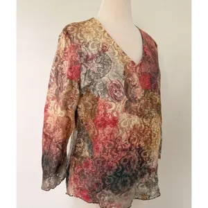 VTG Y2K Abstract Floral Sheer Lace Mesh V-Neck Lettuce Hem Top Made in USA thumbnail 3