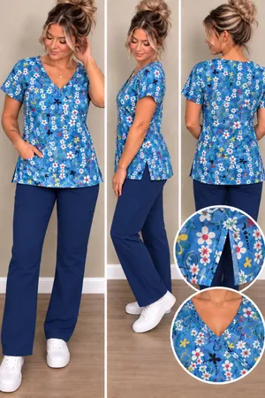 SB Scrubs Floral Butterfly Scrub Top Size L Blue V-Neck Pocket thumbnail 2