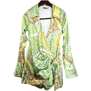 ASOS DESIGN -1014 heavy‎ satin wrap knot front romper green paisley size 4 thumbnail 2