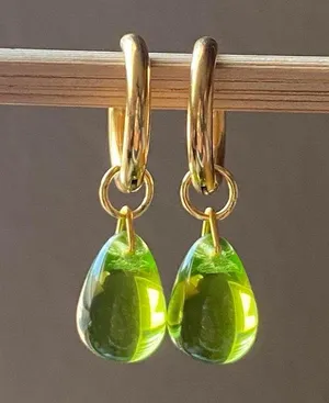 Handmade olive color teardrop Czech glass simple minimalist hoop earrings💚🫒💕 thumbnail 1