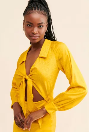 NWT Rare London Anthropologie Textured Golden Yellow Satin Tie-Front Dress thumbnail 1