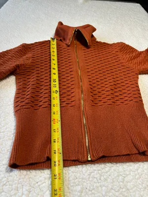 Marc New York orange zip up sweater with textured ribbed knit pattern and chunky collar size S thumbnail 3