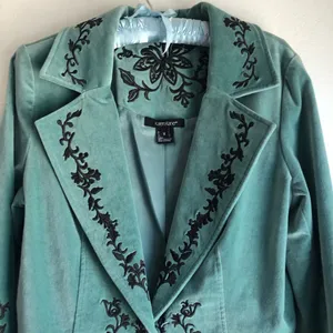 Turquoise Blue Green Velvet Jacket Embroidery Detail Size 6 western thumbnail 2