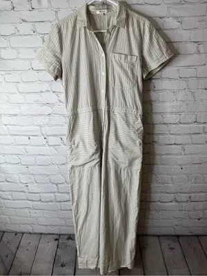 Madewell Cream and Navy Striped Button-Up jumpsuit wide leg size large thumbnail 3