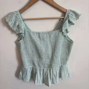Poof‎ New York Shirt Womens Sz M Mint Green Cottage Ruffle Eyelet Top Blouse thumbnail 9