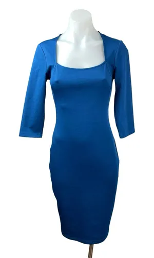 Vfshow Vfemage Blue Scoop Neck Quarter Sleeve Midi Pencil Bodycon Dress Size XS thumbnail 1