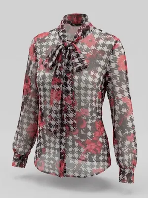 Zara Roses Print Houndstooth Semi-Sheer Blouse with Red Floral Print XS Floral thumbnail 1