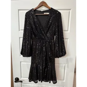 Eliza J Black Sequin Long‎ Sleeve Mini Wrap Dress Size 4 Glam Party Holiday thumbnail 2