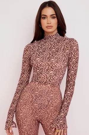 HOUSE OF CB Eleanor Mesh Bodysuit Size Small Brown Leopard Mock Neck Long Sleeve thumbnail 1