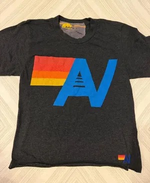 Aviator Nation Charcoal Gray AV Logo Tee Women’s XS Blue Rainbow Graphic T-Shirt thumbnail 1