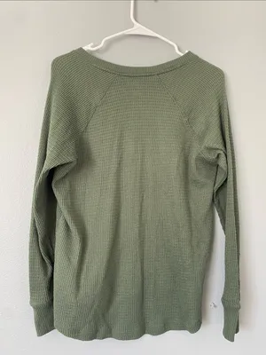 American Eagle Outfitters Olive Green Waffle Henley Long Sleeve Top thumbnail 5