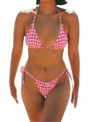 Gingham Pink Bikini Set new no tags Size M thumbnail 1