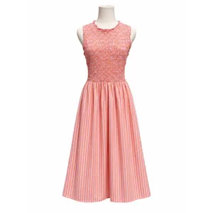 LOFT Striped Poplin Midi Dress Women’s M Pink Orange Sleeveless Smocked Preppy thumbnail 6