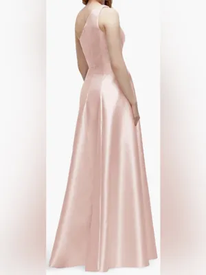 NEW Alfred Sung One-Shoulder A-Line Gown Handworked Floral Appliqué Blush Sz 14 thumbnail 2