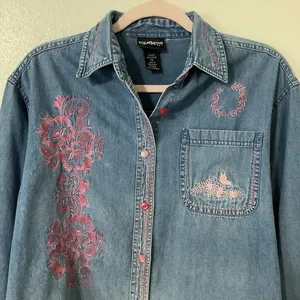 Vintage 90s Western Cottagecore Grandmacore Pink Embroidered Denim Blouse Medium thumbnail 2