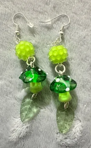 Handmade Green Glass Mushroom Leaf Drop Earrings thumbnail 1