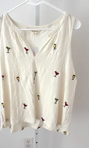 Lucky Brand NWT Women's Embroidered Martini Glass Off-White Tank Top Size L thumbnail 1