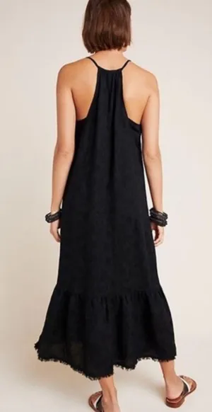 Anthropologie black linen maxi dress size XS ruffle oversize vacation minimalist thumbnail 2