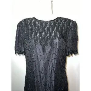 100% Silk Vintage Women’s Black Beaded Open Back MIDI Dress LARGE thumbnail 2