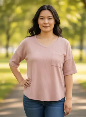 👚 Pink Rose Short Sleeve Waffle Knit Top w/ Pocket thumbnail 9