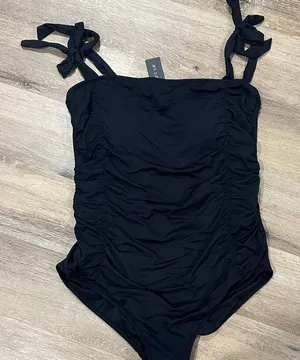 Black Ruched One-Piece Swimsuit with adjustable tie straps thumbnail 1