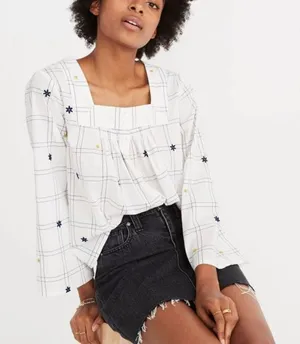 Madewell Embroidered Windowpane Square-Neck Button-Down Top‎ White White Wash XS thumbnail 1