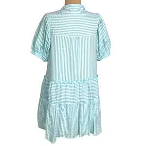 &merci Aqua White Striped Seersucker Tiered Mini Dress S Half Button Puff Sleeve thumbnail 6