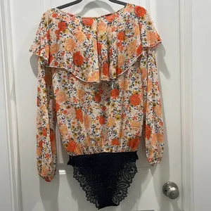Free People Intimately Say It To Me Bodysuit Long Sleeve Orange Floral XS thumbnail 9