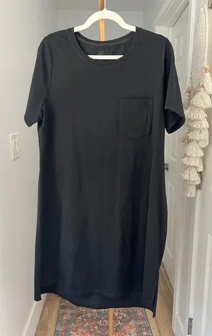 WoolX Lexie Black Relaxed T-Shirt Dress Pocket Sz Large $160 thumbnail 1