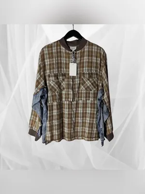 Hey son mixed print plaid denim oversized half zip shirts jacket western grunge thumbnail 2