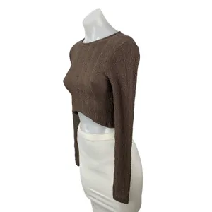 Zara Women's Brown Embossed Textured Long Sleeve Knit Round Neck Crop Top Size M thumbnail 3