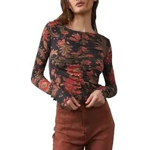 Free‎ People Long Sleeve Top Womens XS Grey Red Floral Ruched We The Free Boho thumbnail 2