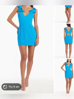 Amanda Uprichard Turquoise Blue Ruffle Shoulder V-Neck Mini Dress thumbnail 2