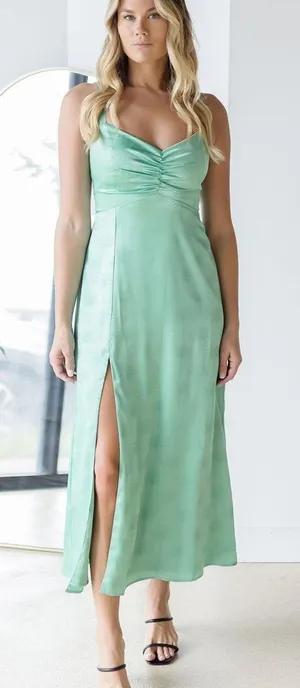 Show Me Your Mumu Mina Midi Dress green palm satin new NWT‎ thumbnail 1