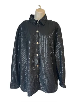 Woman's Large Black Sequin Button Down Shirt Jacket Long Sleeve Sparkle Party thumbnail 1