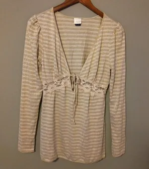 DayTrip L Shimmering Gold Striped Long Sleeved Tie Front Top thumbnail 1