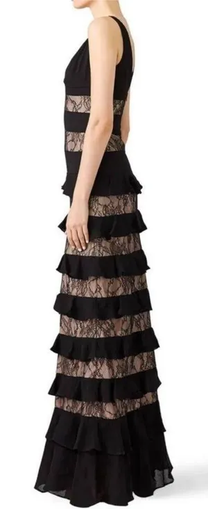 ML Monique Lhuillier Black Lace Panel Tiered sleeveless Formal Gown Dress 10 thumbnail 2