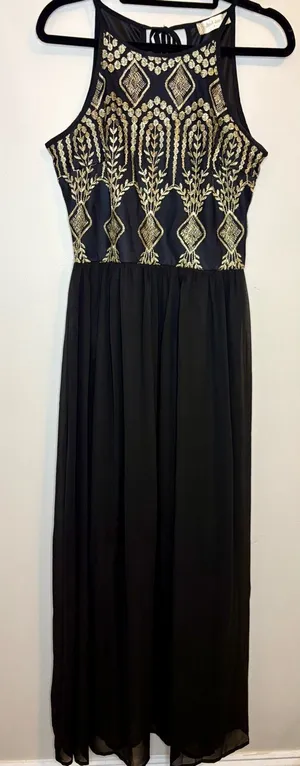 Altar’d State Black Gold Embroidered Maxi Dress Size S Formal Boho thumbnail 1