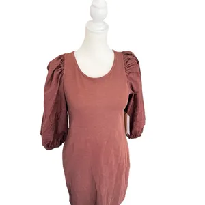 Nation LTD Calissa Brown Cotton Puff Sleeve Open Back Bow Mini Dress NWT XS thumbnail 6