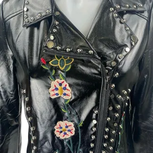 Elli White Black Faux Leather Floral Embroidered Studded Moto Biker Jacket Sz S thumbnail 6