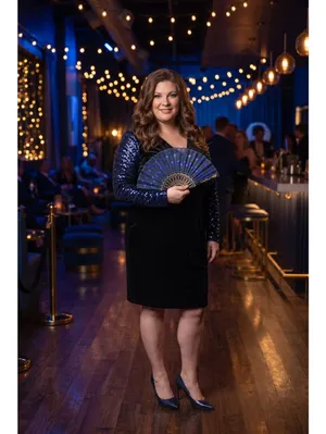 Lane Bryant Black Velvet Sheath Dress Navy Sequin Sleeve V-Neck V-Back Size 18 thumbnail 4